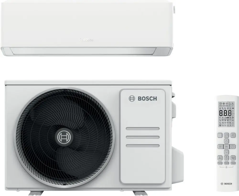 Wandmontierte Klimaanlage von Bosch mit Inneneinheit und Außeneinheit, kombiniert mit einer Steuerung Fernbedienung, alles in einer hellen Ausführung.